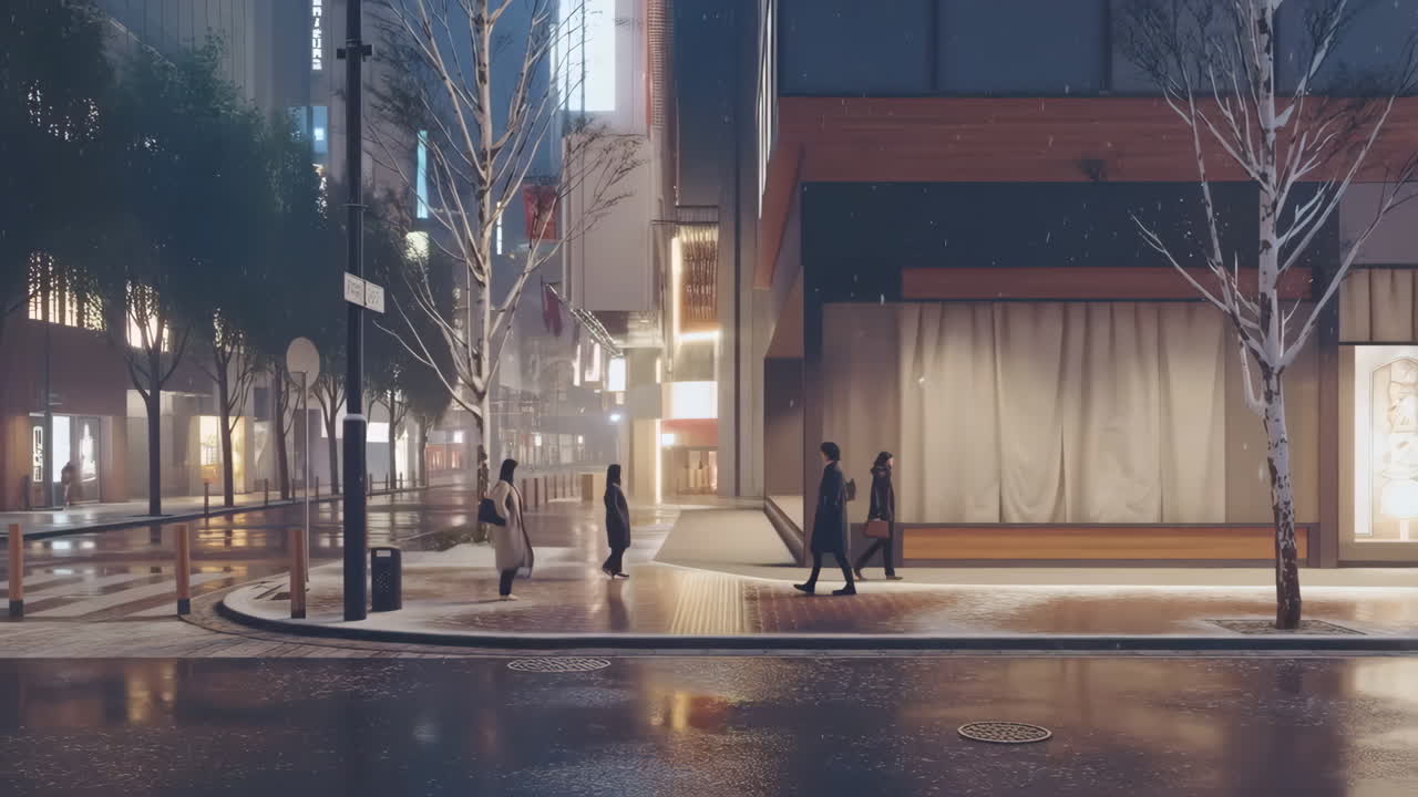 Winter Evening Walk in a Wet City Street with Pedestrians