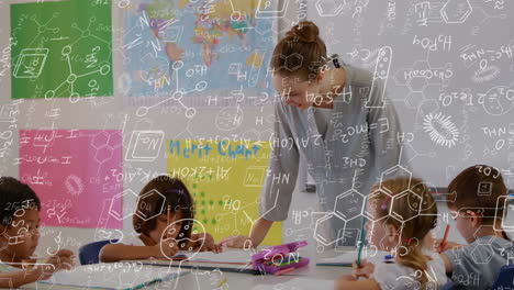 Teacher helping children with math and science concepts over classroom animation