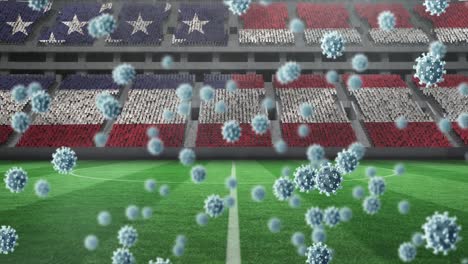 Animation-of-covid-19-cells-over-american-flag-in-empty-sports-stadium