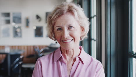 portrait of smiling senior woman sitting in restaurant