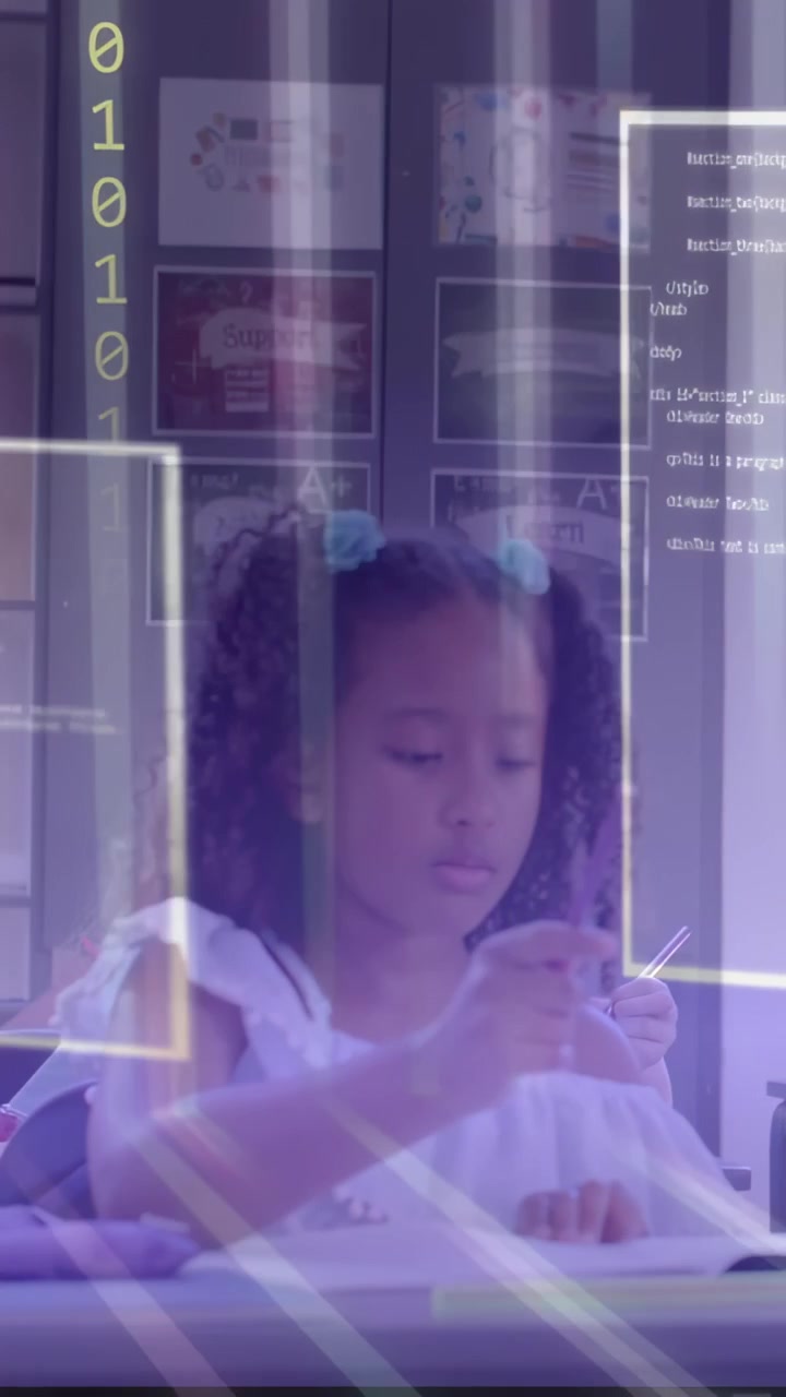 Vertical video: Girl grasping pen opening tube causing binary overlay growing on work for education