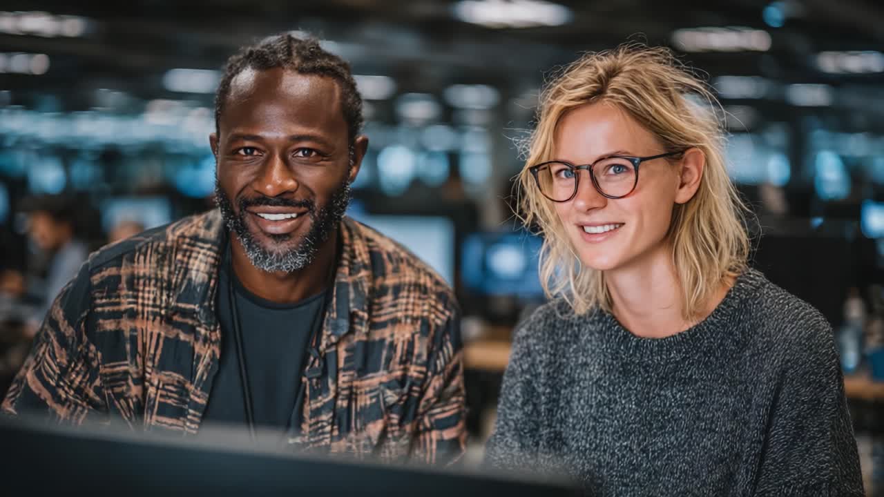 Teamwork and Collaboration in Action: Two Colleagues Sharing a Joyful Moment While Working Together in a Modern Office Environment, Engaged and Focused on Their Project