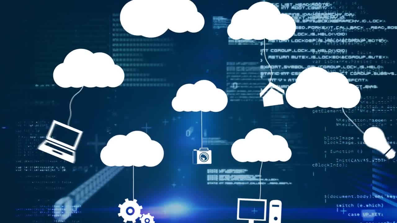 구름 아이콘의 애니메이션과 어두운 배경의 데이터 처리