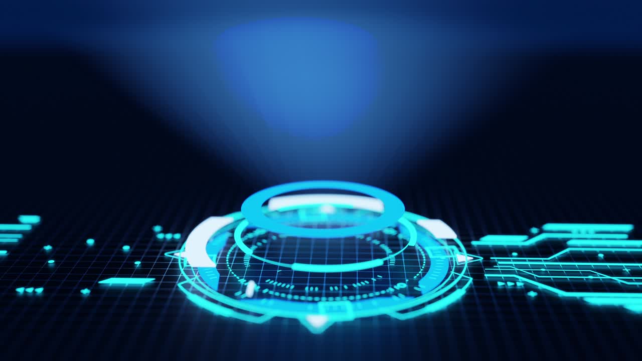 허드 서클 인터페이스, 하이테크 미래 디스플레이, 블루 홀로그램 버튼, 디지털 데이터 네트워크 보호, 미래 기술 네트워크 개념, 현대 사이버 공간 혁신, 4k