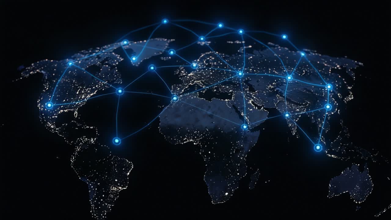 Global Network Visualization: Illuminated Connections Across Continents Highlighting the Interconnectedness of Cities and Information Flow at Night