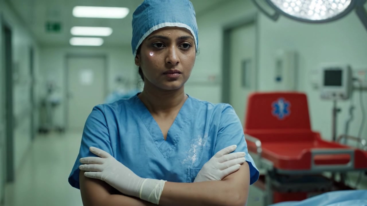Un professionista medico concentrato in camice chirurgico blu si trova in un ambiente ospedaliero sterile, contemplando le sfide della vita in sala operatoria prima di un intervento chirurgico.
