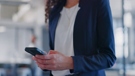 business woman, hands and phone typing on office