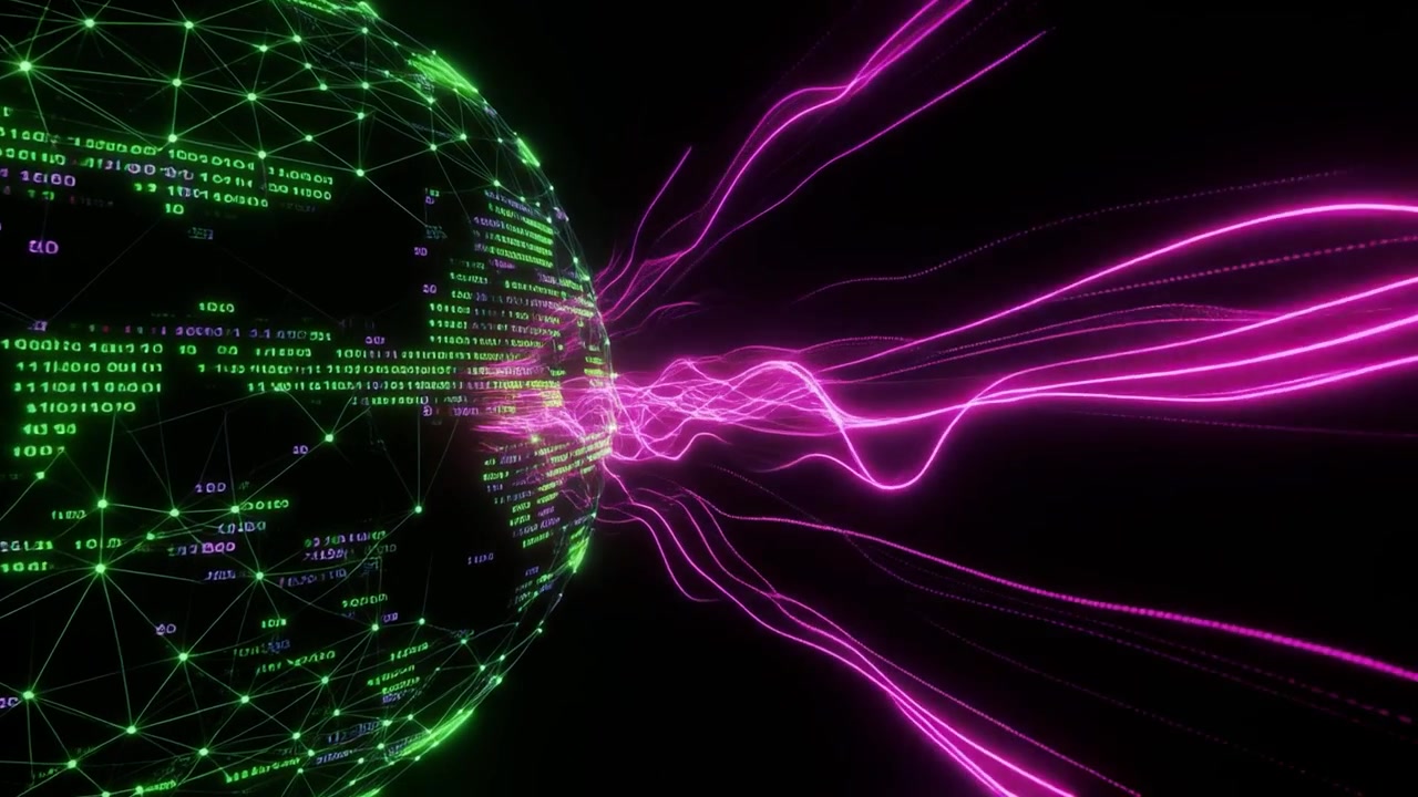 Globo digitale che emette flussi di dati rosa luminosi