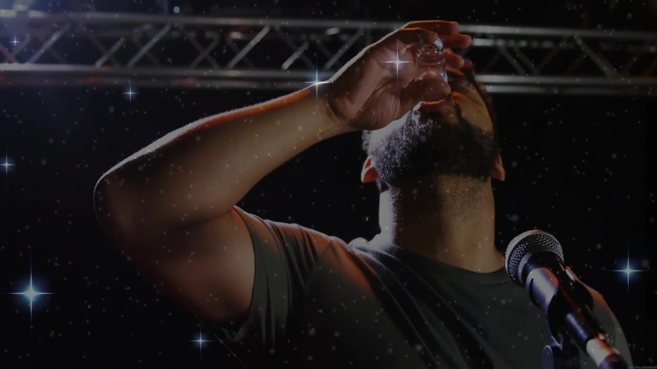 On vocal cue performer lifting shot glass, tilting and drinking, then raising arm celebrating song
