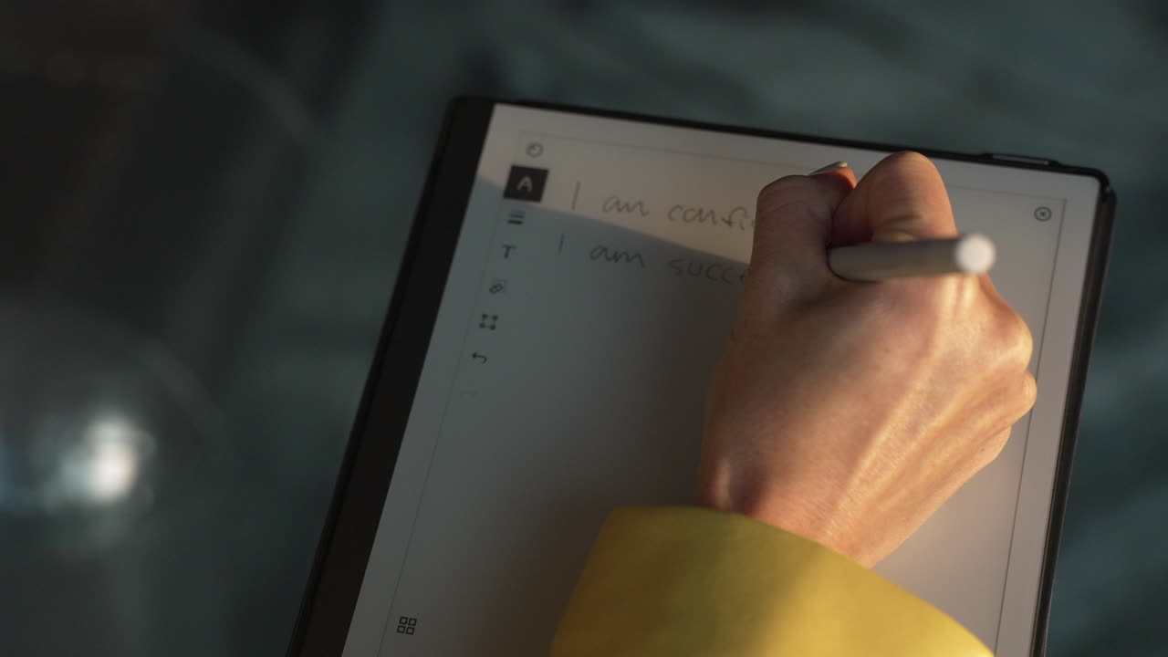 mujer escribiendo afirmaciones positivas en un cuaderno de tableta digital: concepto de salud mental motivacional, poderosa conversación interna para aumentar la confianza en sí mismo y aumentar la autoestima, soy confiado, exitoso