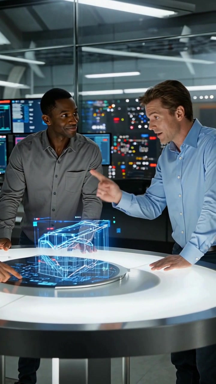 Diverse team of engineers interacting with futuristic holographic display