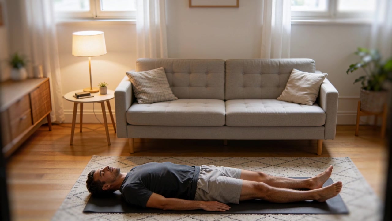 Lying man wearing dark T-shirt and shorts breathing on mat in living room, with lamp