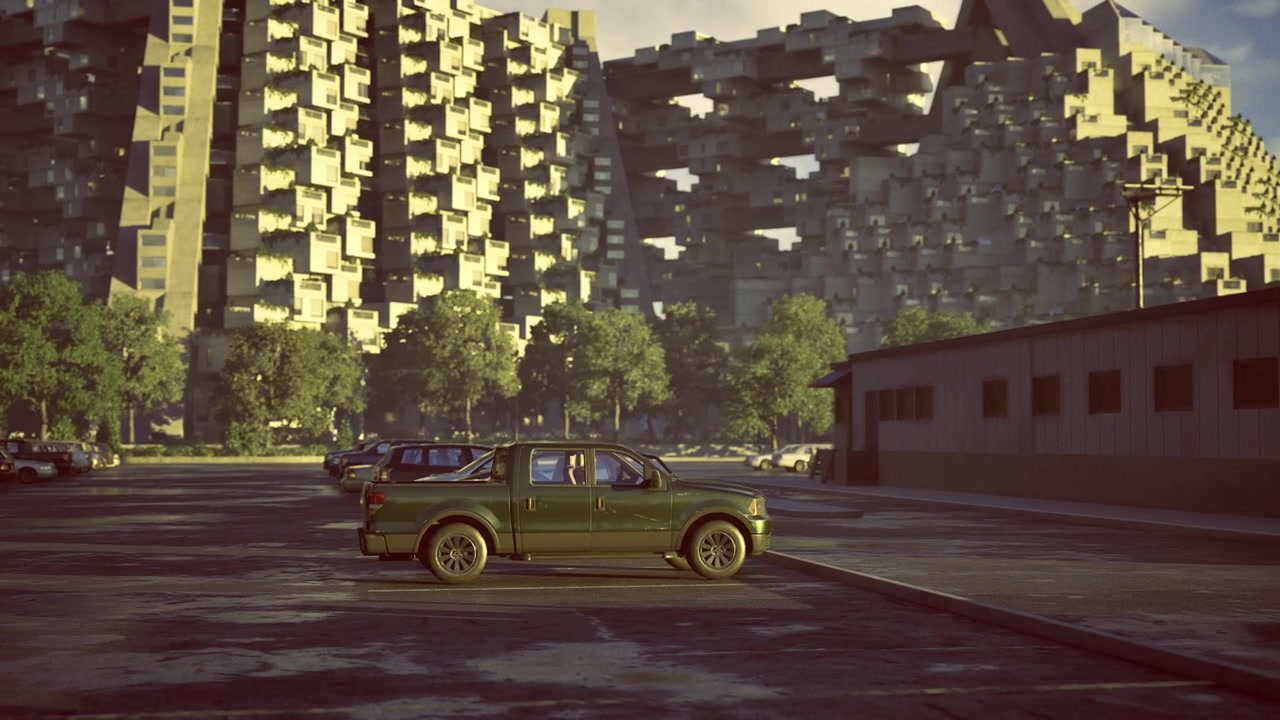 Retro vehicle positioned beside sharpedged architectural design in spacious area