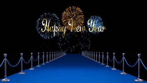 Animation-of-happy-new-year-text-over-fireworks-and-blue-carpet