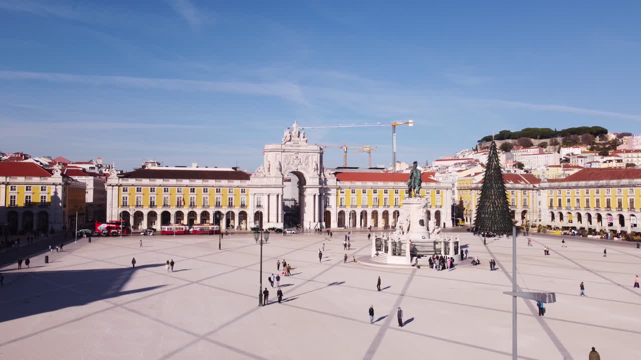Drone at medium altitude filming the Arco da Rua Augusta on a bright and sunny day in Portugal Lisbon Europe