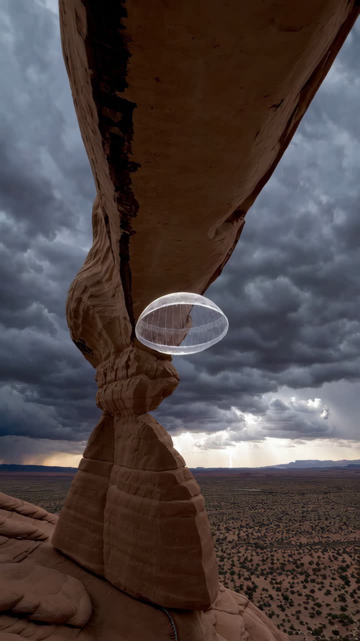 arco natural bajo cielos tormentosos con un objeto esférico