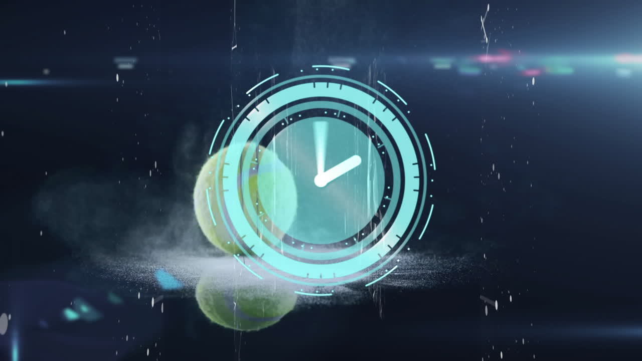 Green tennis ball spinning and releasing white dust under glowing cyan futuristic HUD circles