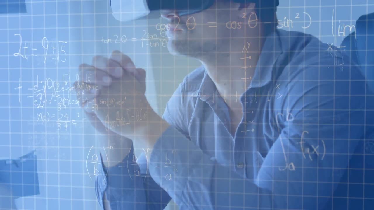 헤드 ⁇ 을 착용한 사람 위에 수학적 그림과 방정식의 애니메이션