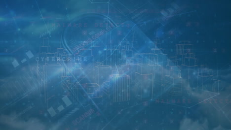 animación de la red de conexiones con procesamiento de datos sobre la ciudad digital y el icono del candado.
