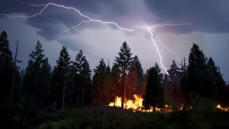 a dramatic scene of nature's fury: lightning strikes amidst a forest fire, illuminating the dark sky and trees in an ominous display of power and destruction
