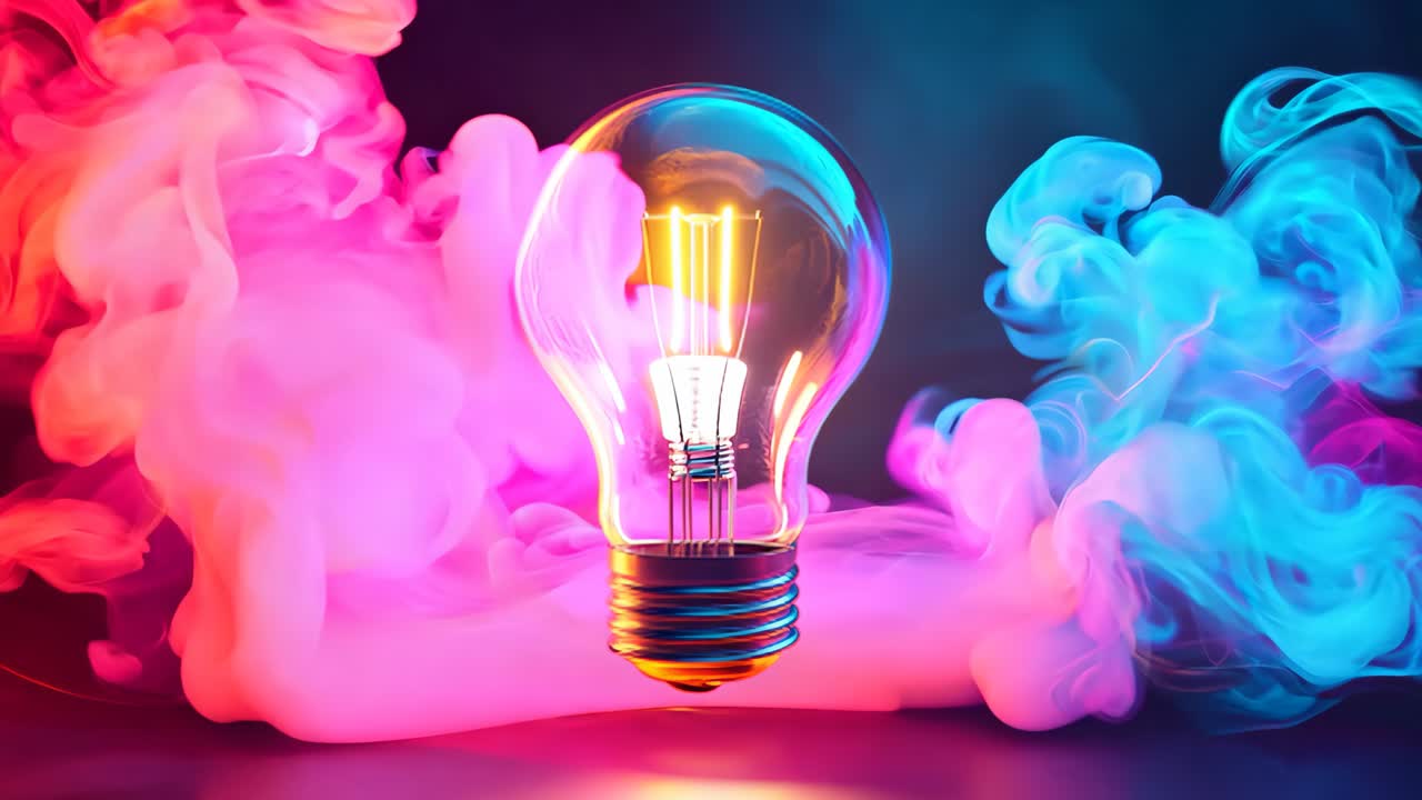 A light bulb is lit up in a colorful background. The light bulb is the main focus of the image, and the colors of the background create a vibrant and energetic mood