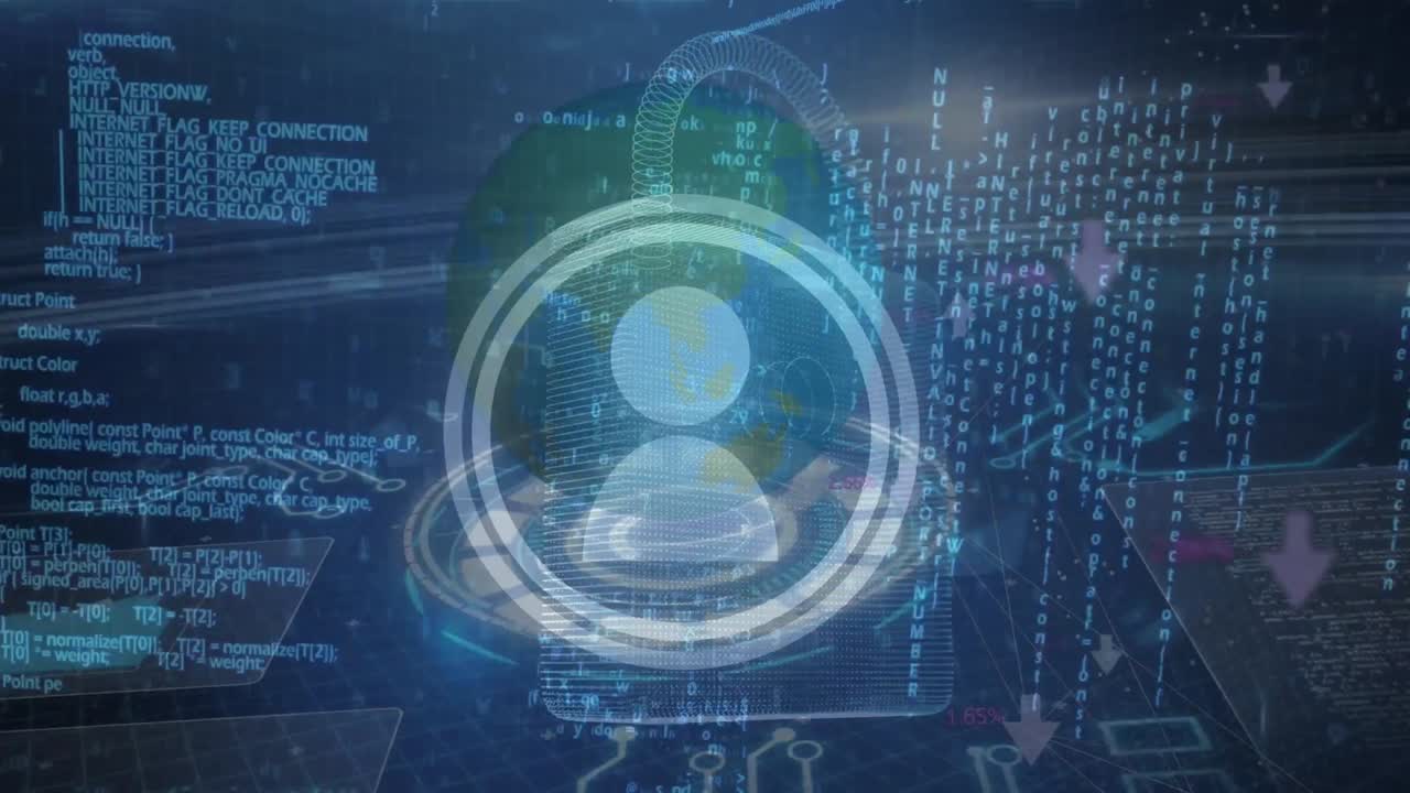 animación de los datos, el icono del usuario y el candado digital sobre fondo azul