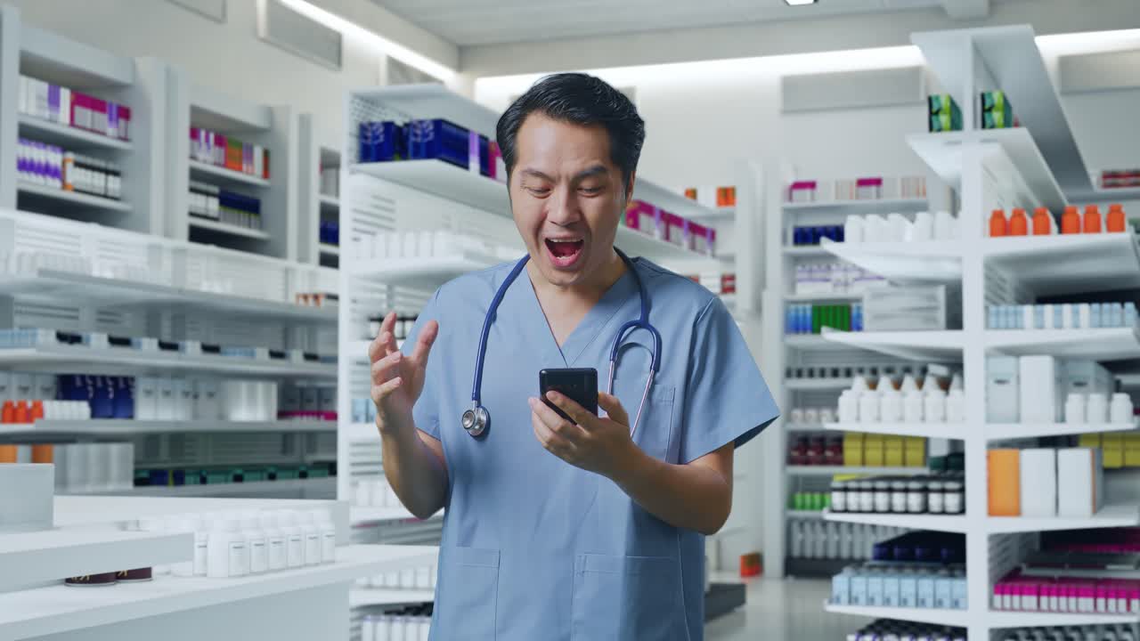스마트폰을 사용하고 약국에 서서 와우라고 말하는 스테토스코프를 가진 아시아 남성 의사