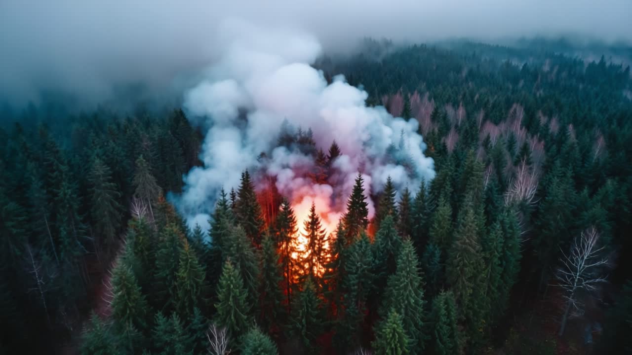 Aerial View of a Forest Fire Erupting Through Dense Trees, Thick Smoke Billowing into the Sky as Flames Consume the Underbrush, Capturing Nature's Unfolding Crisis