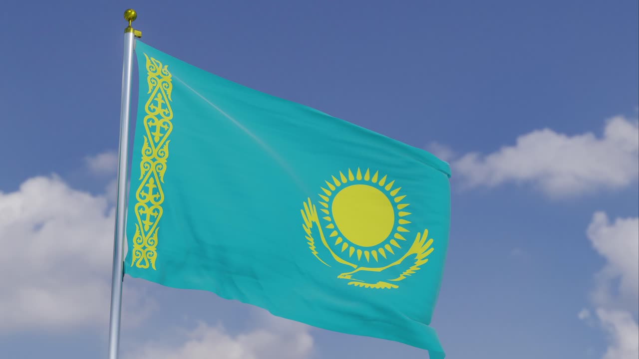Flag Of Kazakhstan Moving In The Wind With A Clear Blue Sky In The Background, Clouds Slowly Moving, Flagpole, Slow Motion