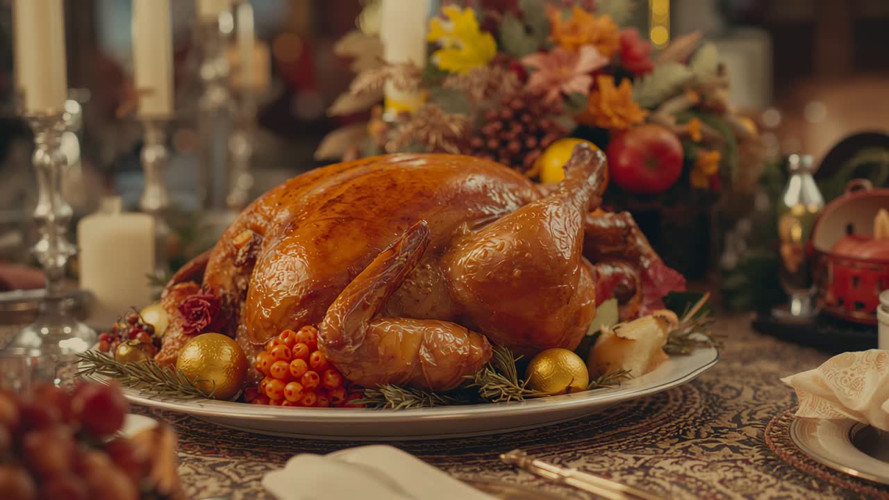 Camera capturing glossy roast turkey on platter at dining table, with autumn leaves and fruits