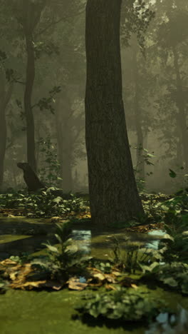 mysterious forest in morning light with tranquil water and lush greenery