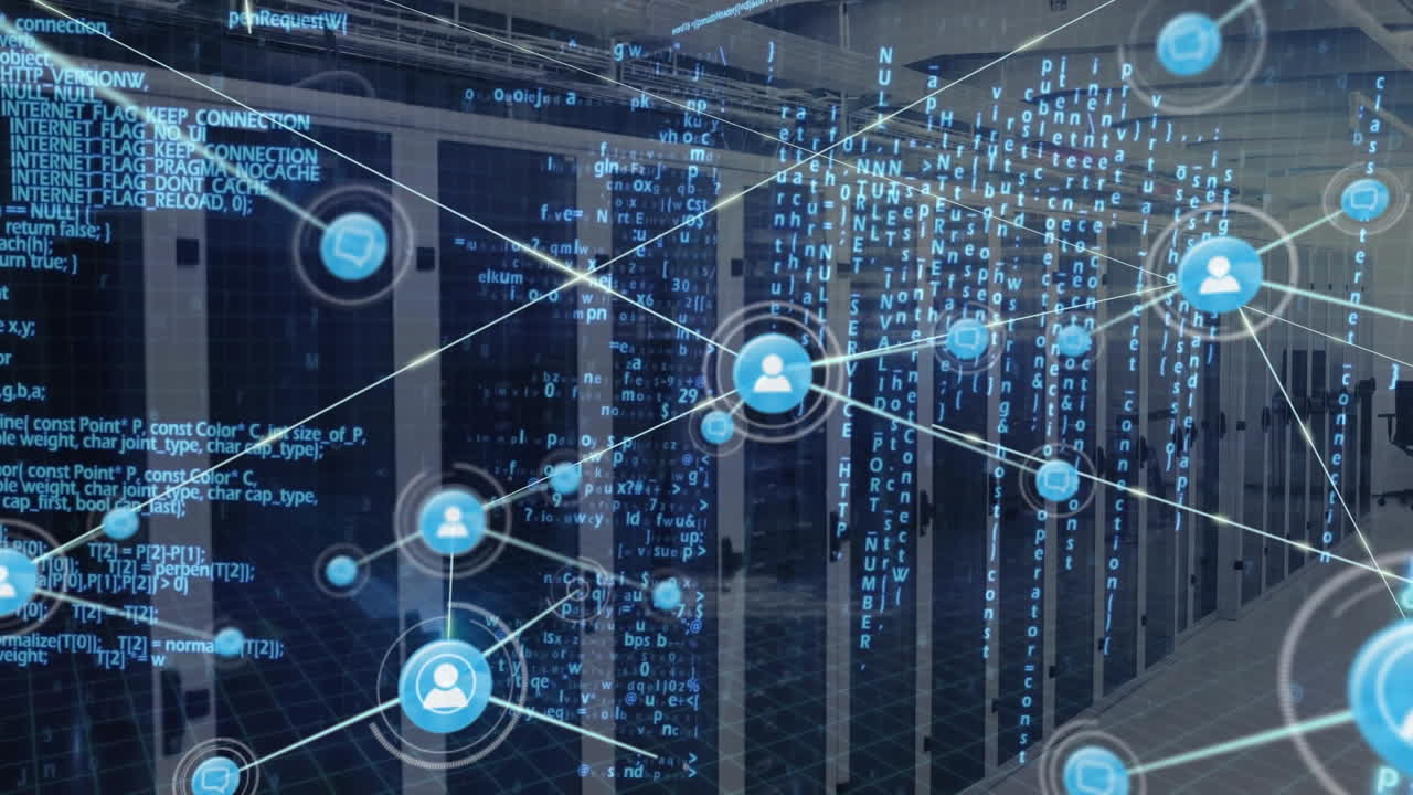 Animation of network of digital icons and data processing against computer server room