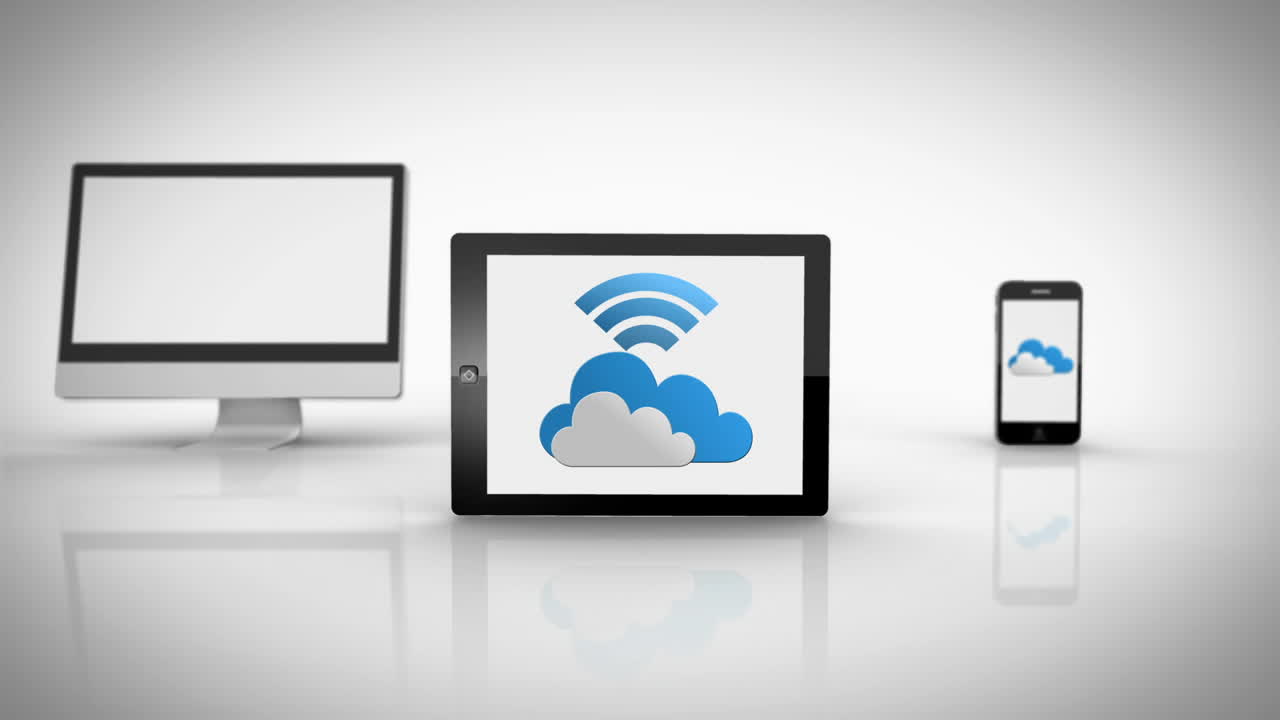 Media devices showing cloud computing graphic with wifi symbol
