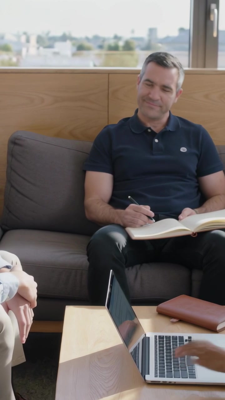 Vertikal video: Hører venstre kollega tale, mand i polo tager noter på kontor, notesbog åben