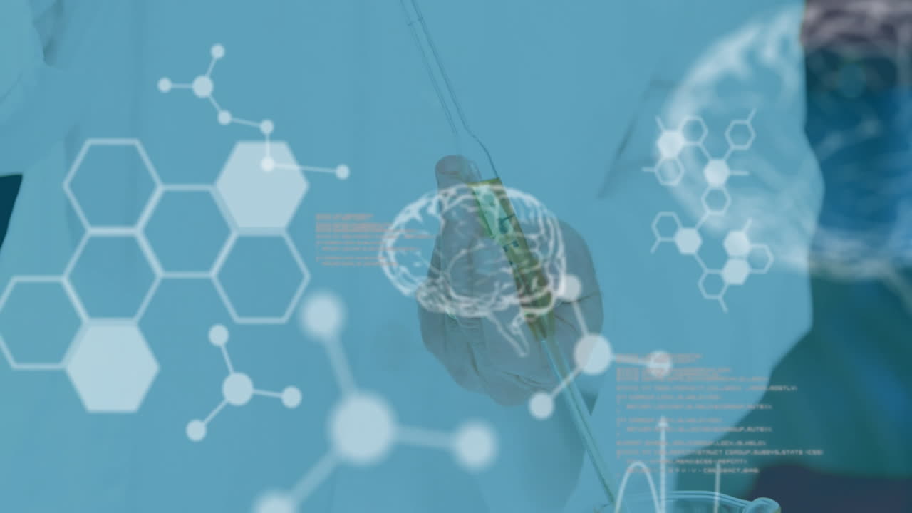 Animation of scientific data processing and human brains over caucasian male scientist in laboratory
