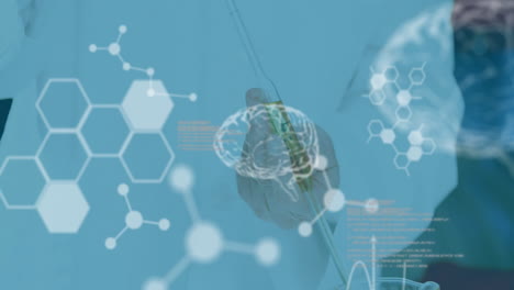 animation of scientific data processing and human brains over caucasian male scientist in laboratory