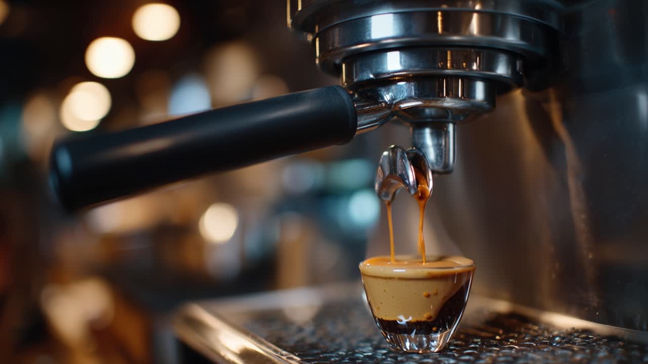 Rich espresso drips slowly into a small glass. Warm light glows softly in the background. Dark metal machine steams with precision. Barista's quiet focus is implied. Perfect for cafe, coffee