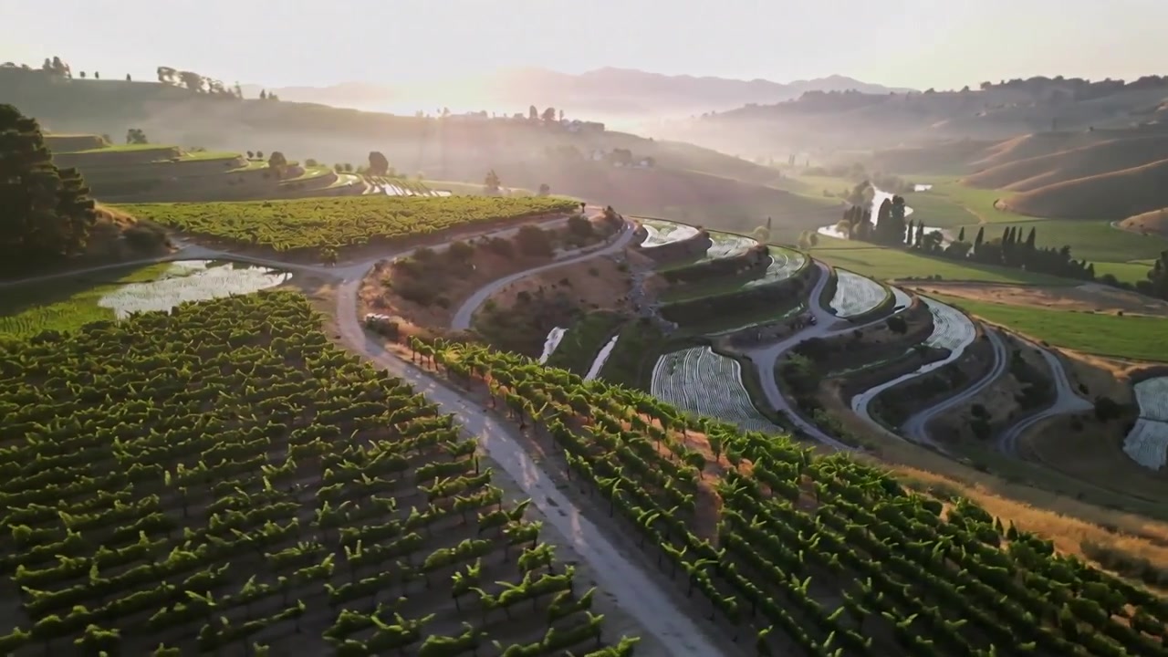 Drone che plana, iniziando a rivelare filari di viti a terrazze su un pendio con bacini d'acqua per mostrare le texture.