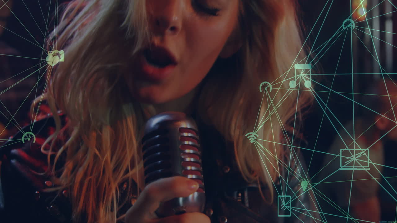 Singing into microphone, woman with music network animation over her