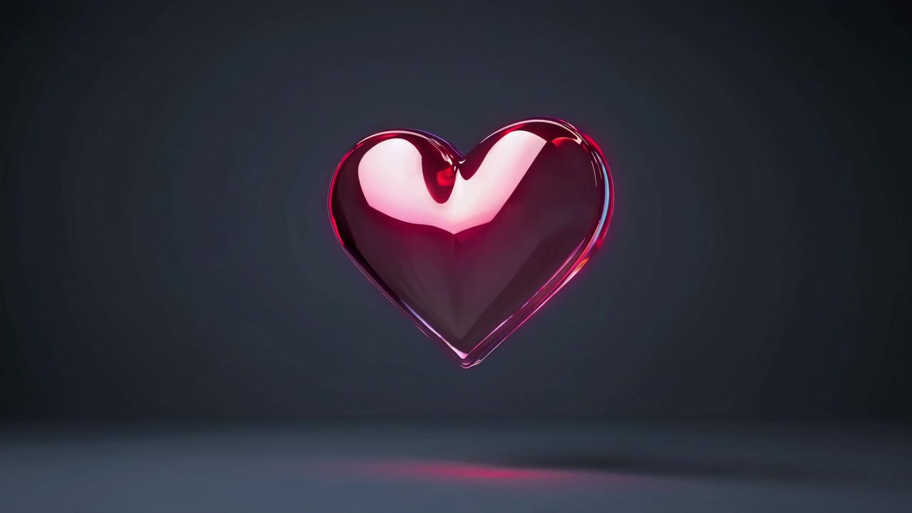 Cuore di cristallo vibrante che gira con riflessi di luce
