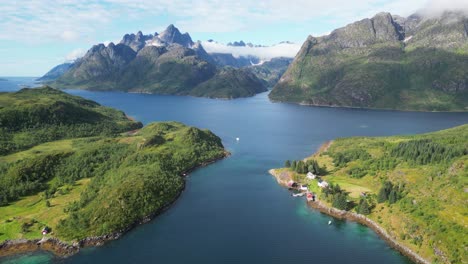 lofoten islands fjord nature landscape and at trollfjord, norway - aerial 4k