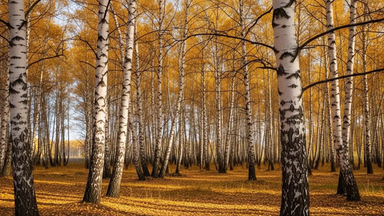 Una maestosa scena autunnale catturata in due inquadrature: la bellezza delle foglie dorate e delle betulle in un tranquillo ambiente forestale.