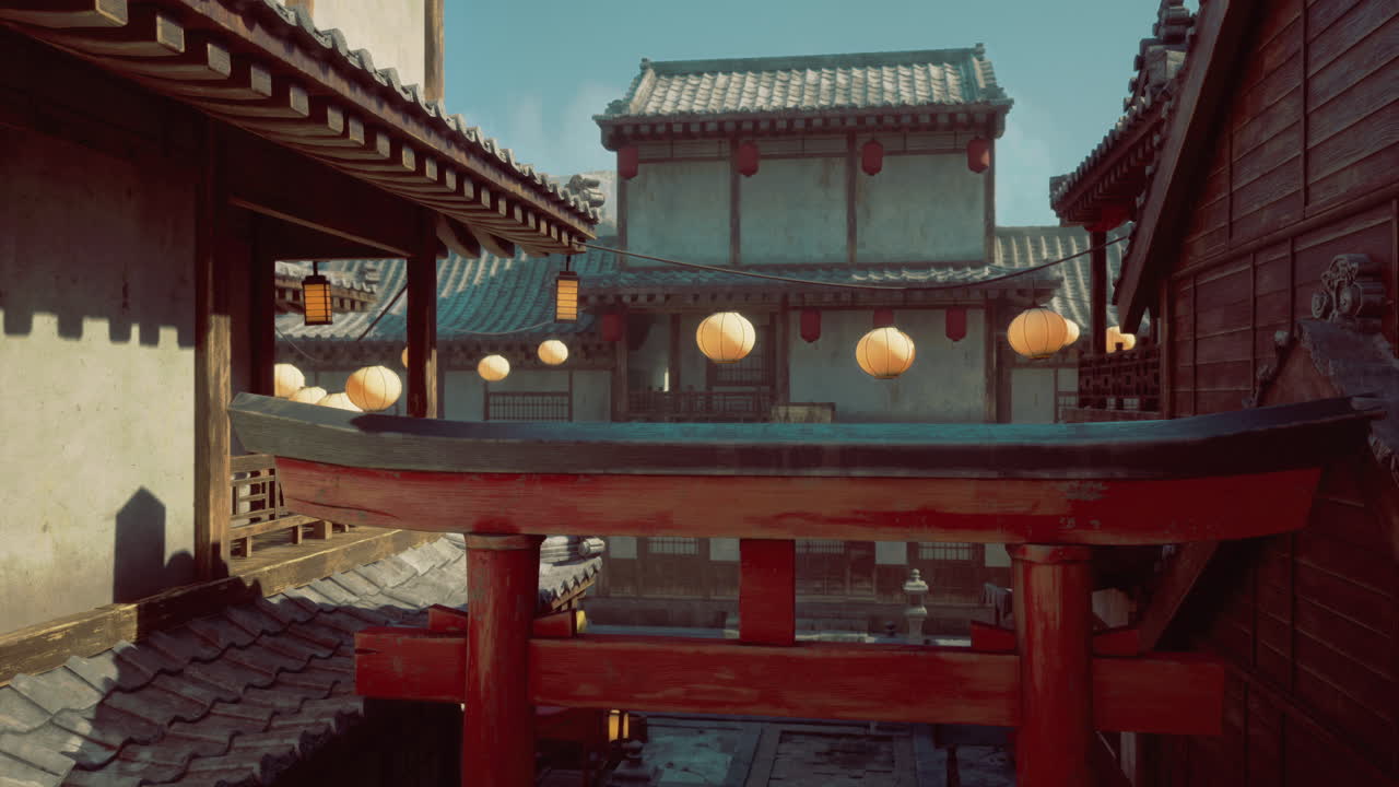 Traditional architecture with lanterns in an old asian village at sunset