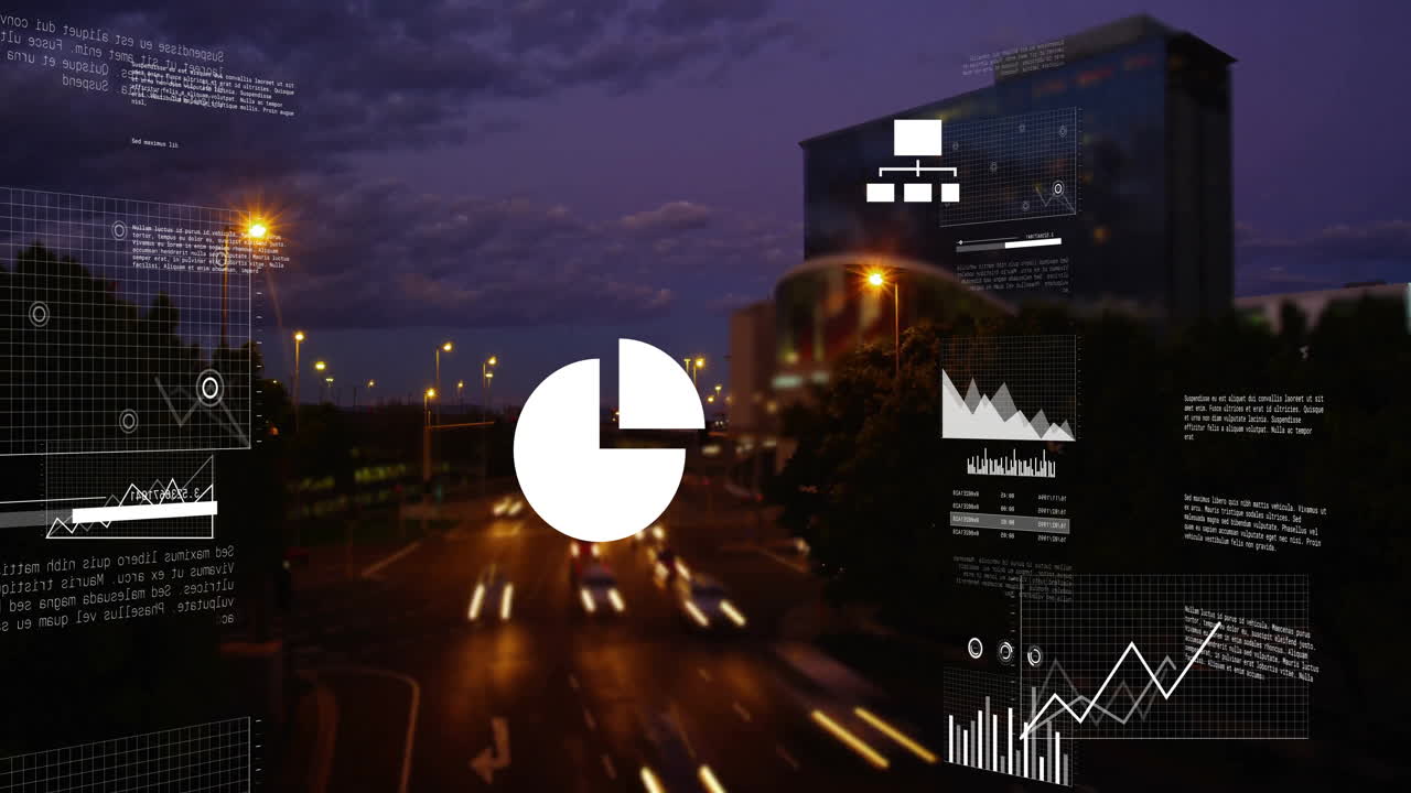 Animation of data visualization graphics overlaying cityscape with blurred traffic lights