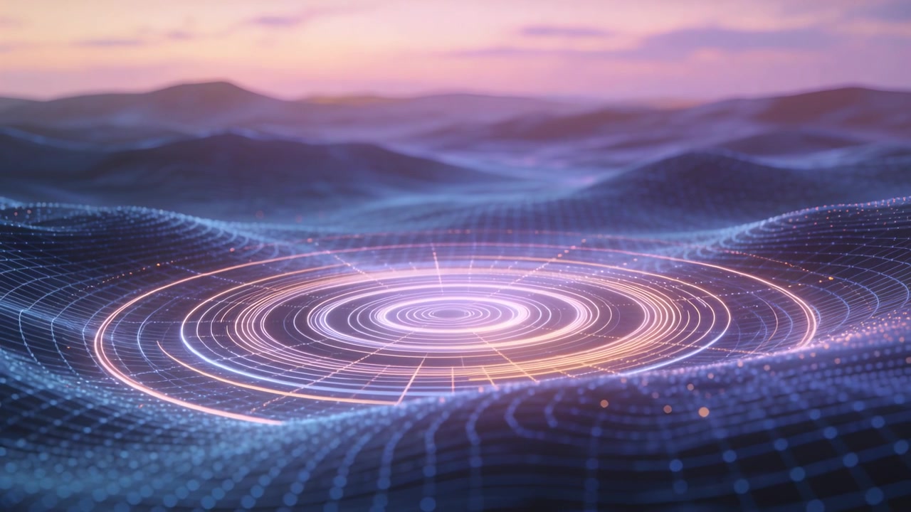 Pulsing concentric rings starting from core, sending ripples across wavy grid, emitting particles