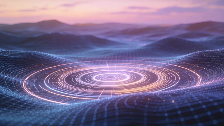 Pulsing concentric rings starting from core, sending ripples across wavy grid, emitting particles
