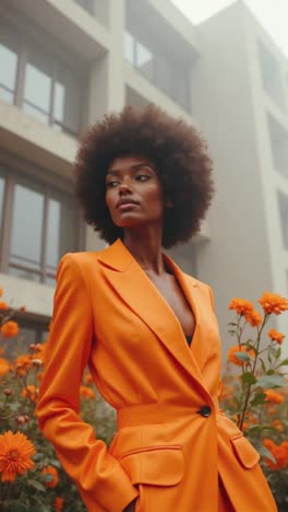 stylish woman in orange blazer