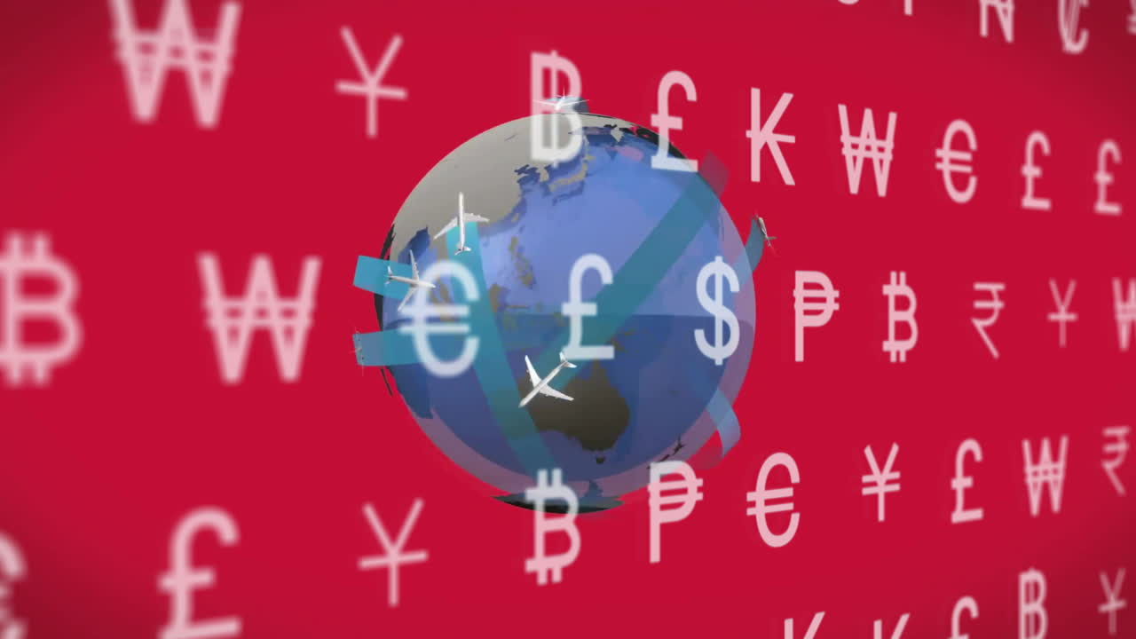 Animation of financial currency symbols over globe