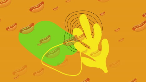 animación de hotdogs que caen con formas amarillas y verdes y líneas de contorno en fondo amarillo
