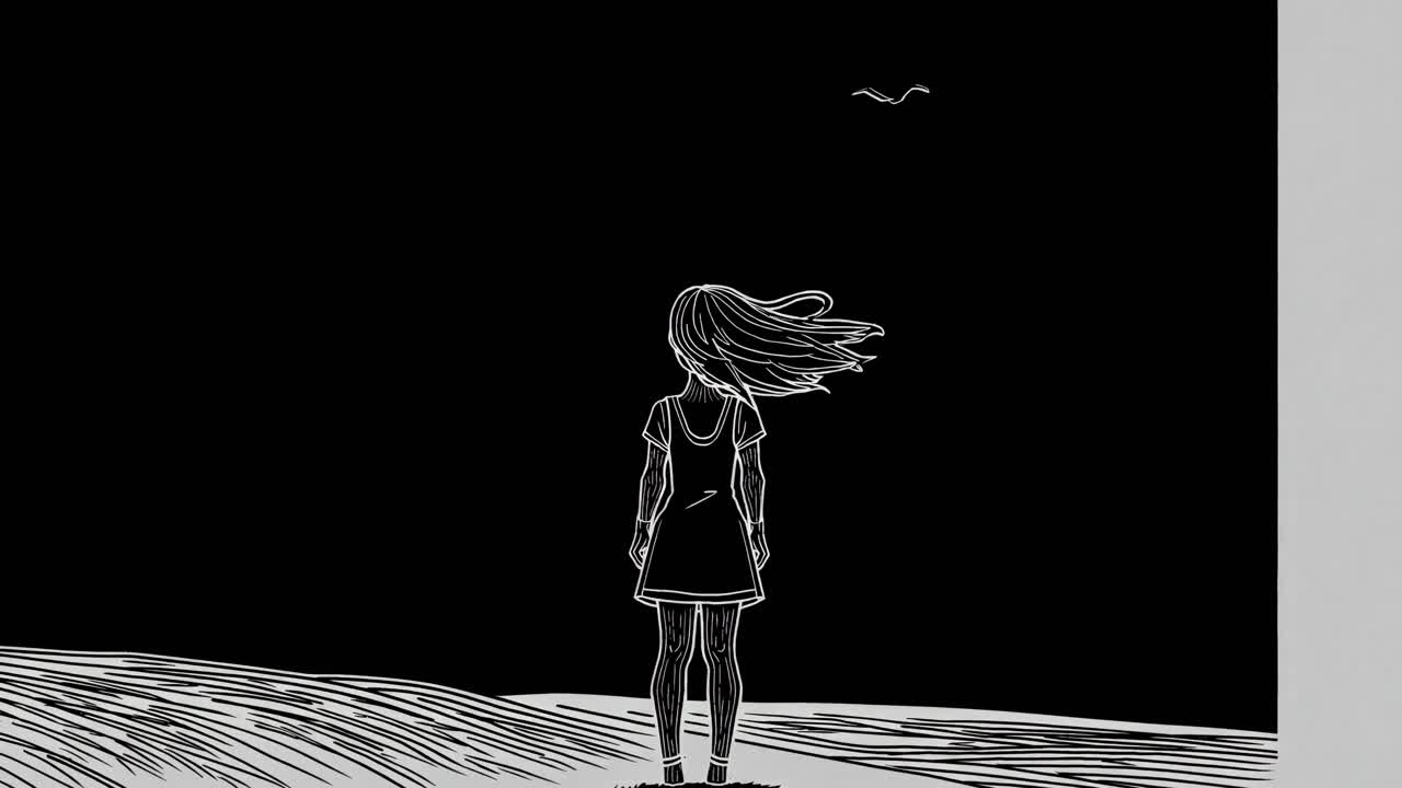 Minimalist black and white illustration capturing a young woman standing alone on a dark, windy night, gazing at a bird soaring through the sky, embodying solitude and hope